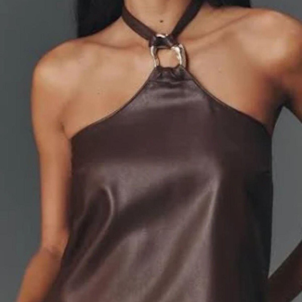 NWT Pilcro Anthroplogie Faux Brown Leather Halter Top with gold hardware. SZ L